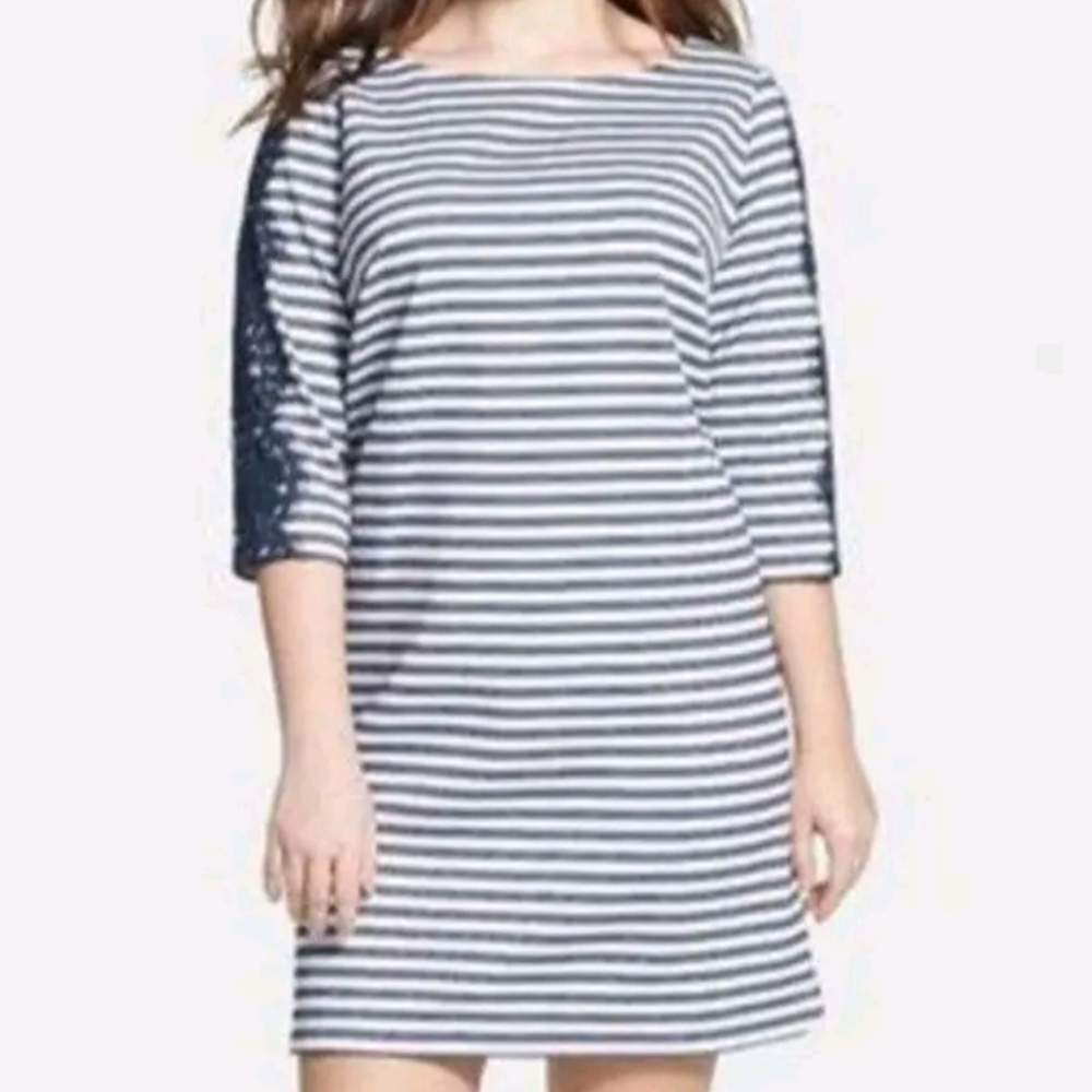 Eliza J. Dress Blue White Stripe Ponte Knit Lace Sleeve 12 Nautical - Picture 8 of 8